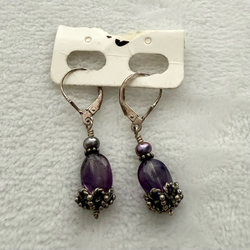 Vintage Amethyst & Pearl Sterling Silver Dangle Earrings Ornate Bead Caps 925